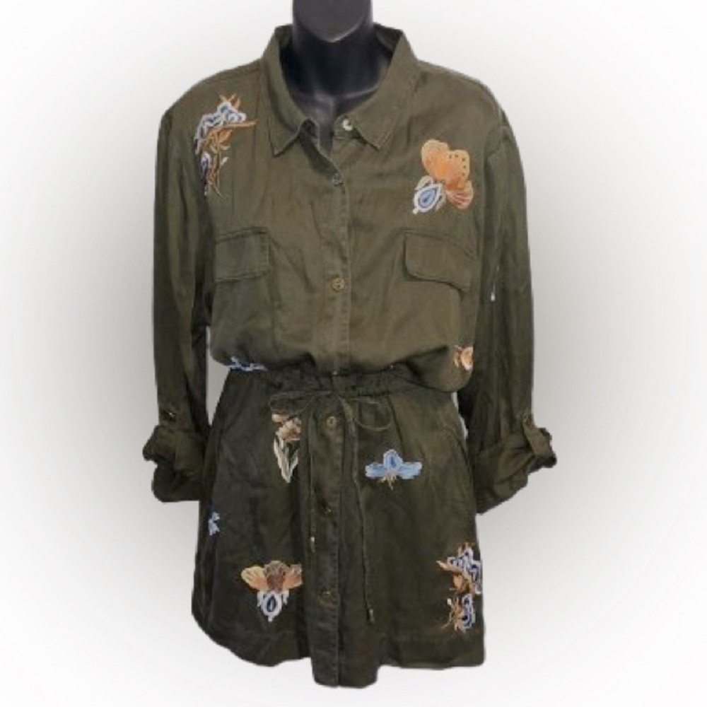 Chico’s Playful Embroidered Anorak 3/4 sleeve ambered olive jacket NWT size 3